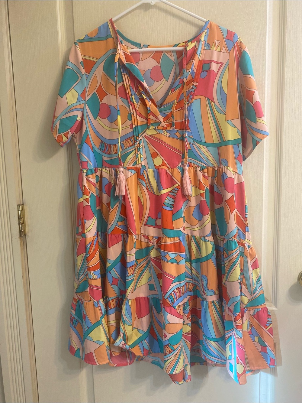 Colorful Tiered Casual Dress with Tassel Tie